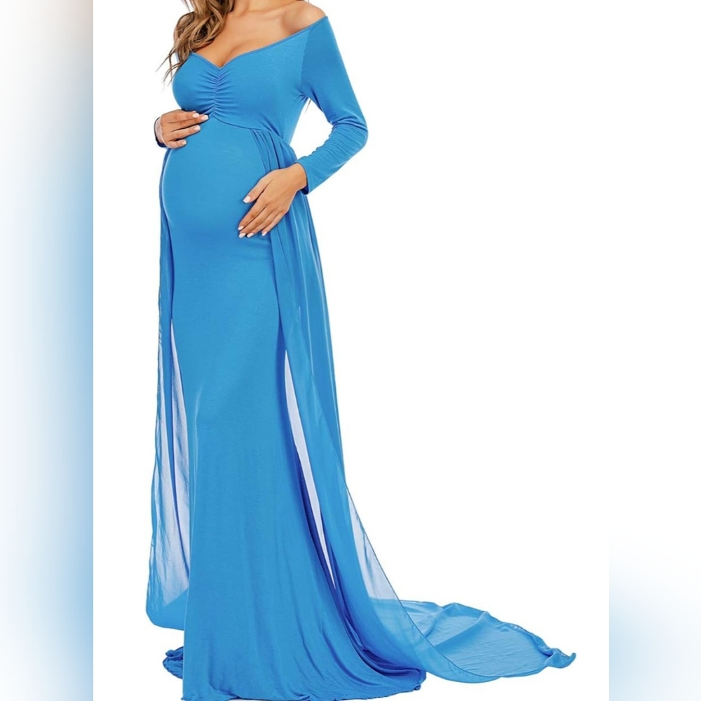Ziumudy maternity off shoulder short sleeve fitted gown max chiffon dress.